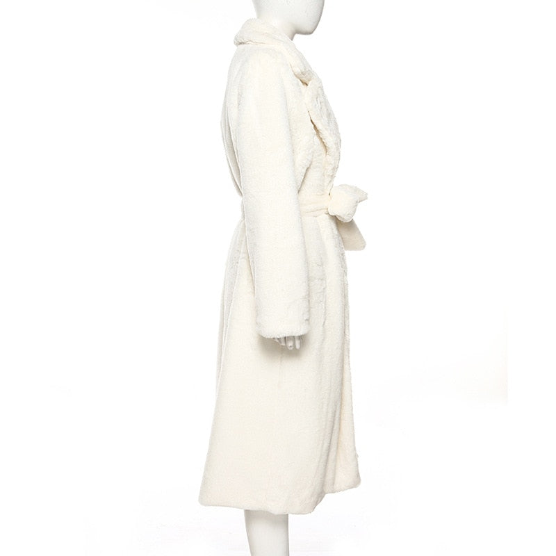 Winter Long White Fluffy Faux Fur Coat