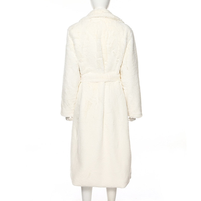 Winter Long White Fluffy Faux Fur Coat