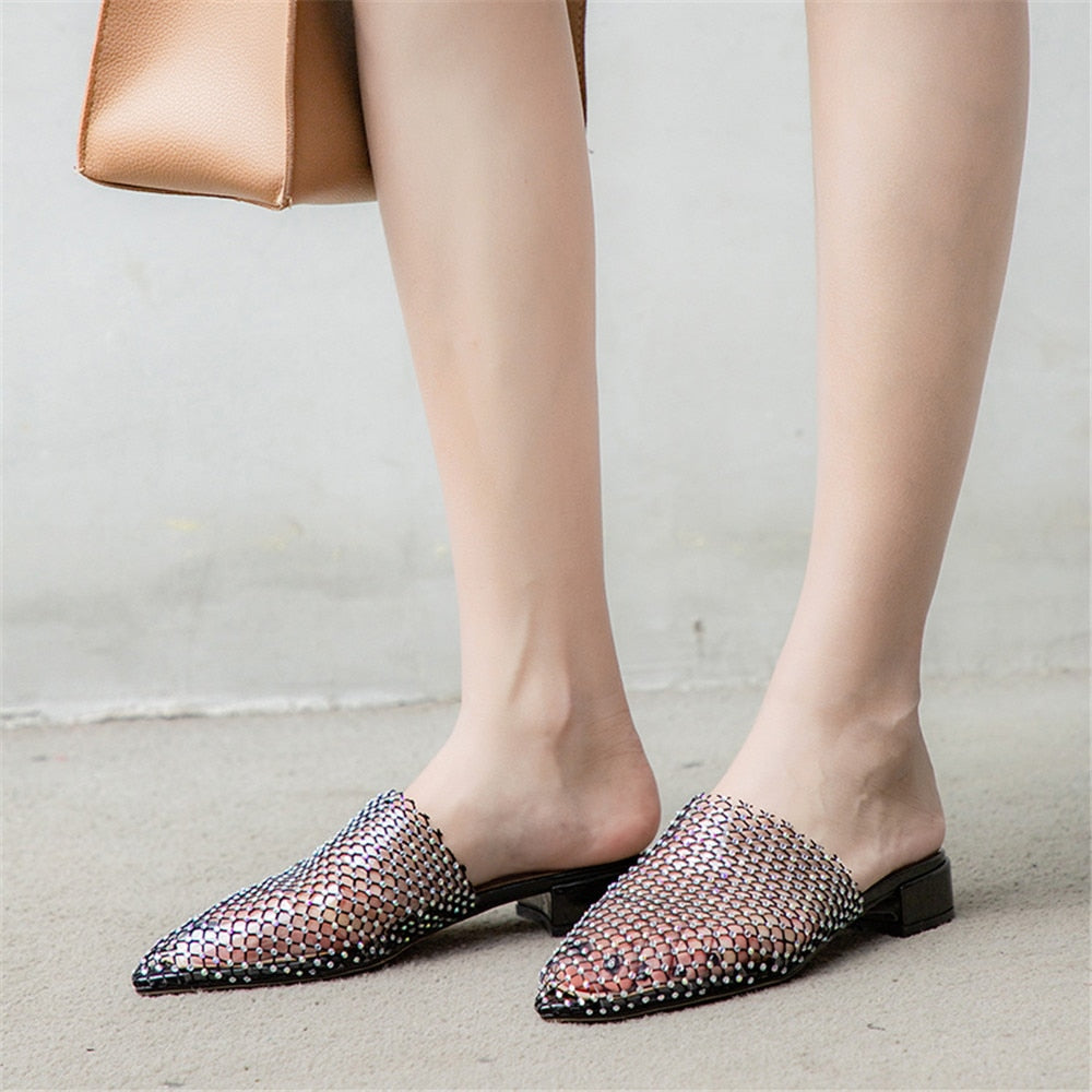 Women Pointed Toe Mules Thick Heels Slip