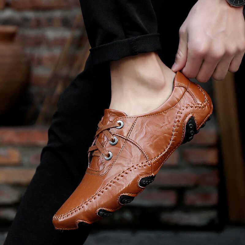 Men Cow Leather Breathable Lace-up Casual Shoes