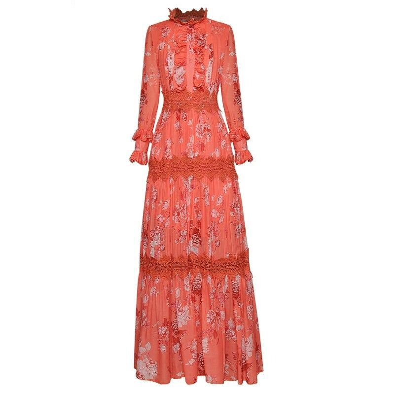 Women elegant Flower print Retro Hollow lace Ruffle Long dress