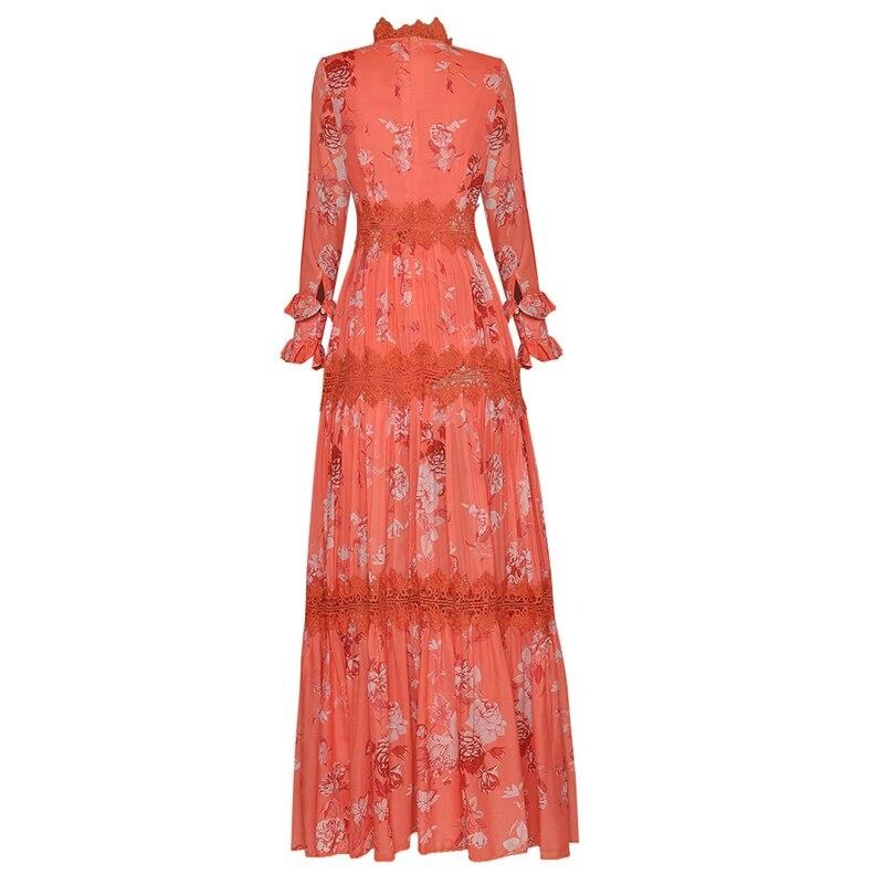 Women elegant Flower print Retro Hollow lace Ruffle Long dress