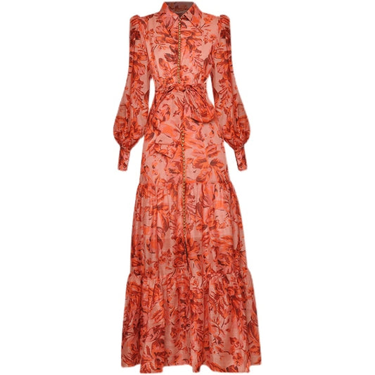 Spring New Women Vintage Elegant Lapel Printing Party Dresses