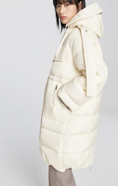 Women's Splicing Loose Long Style White Down Jacket