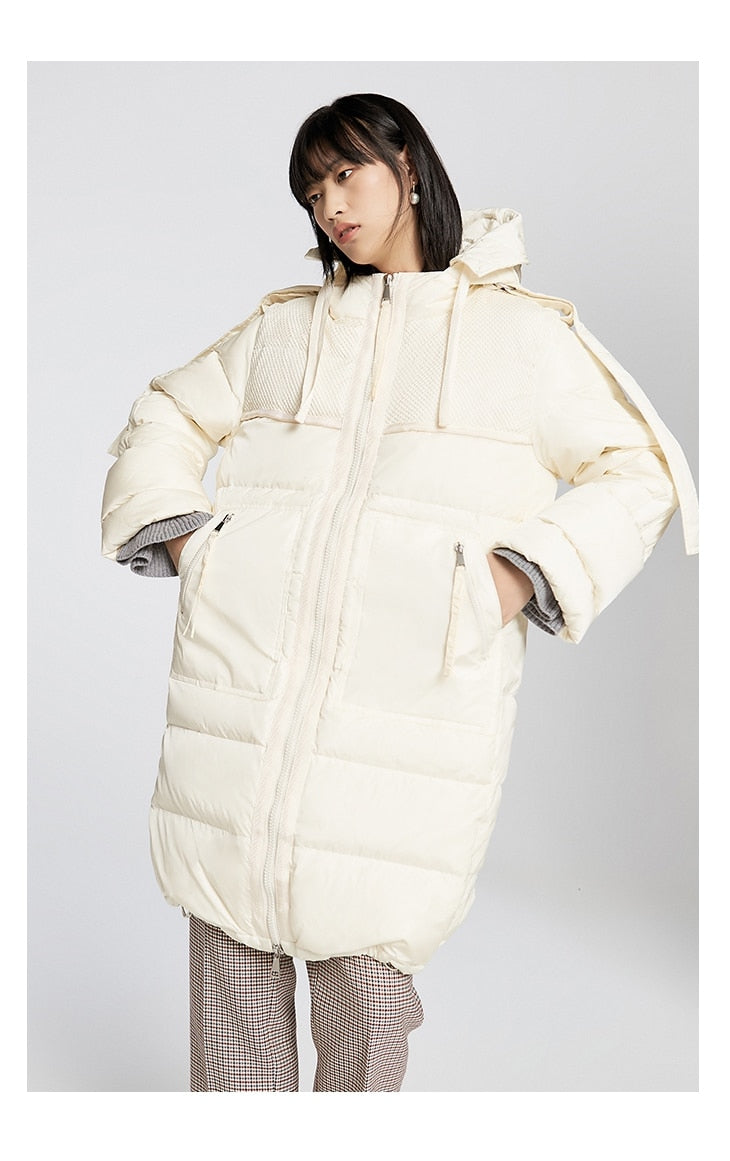 Women's Splicing Loose Long Style White Down Jacket