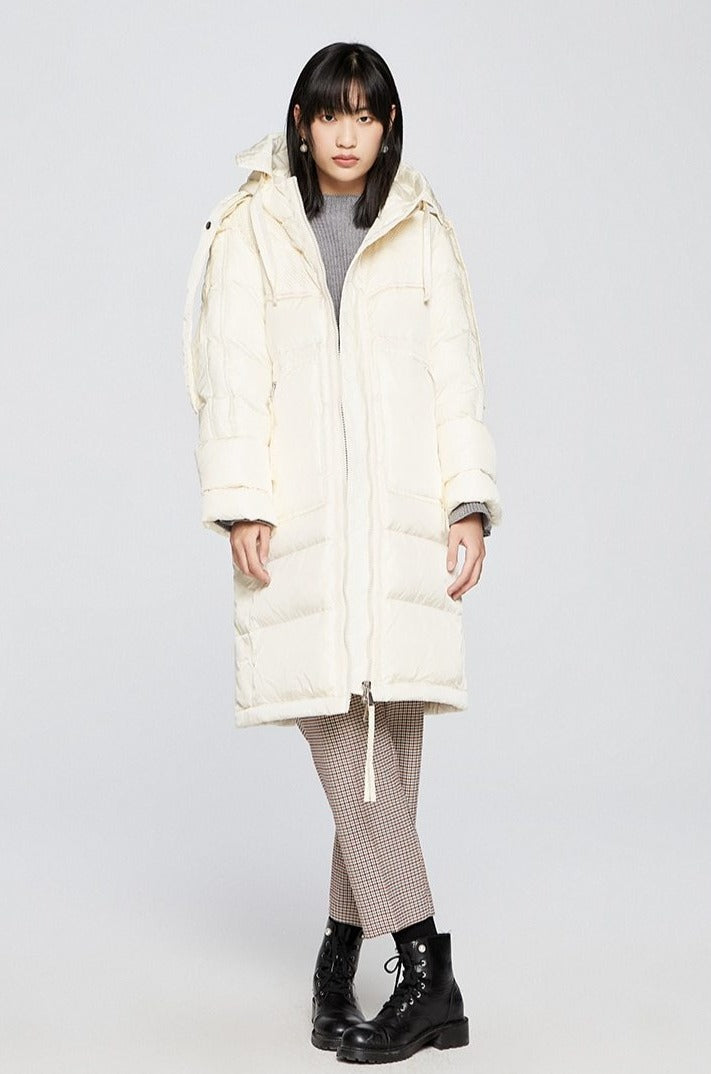 Women's Splicing Loose Long Style White Down Jacket