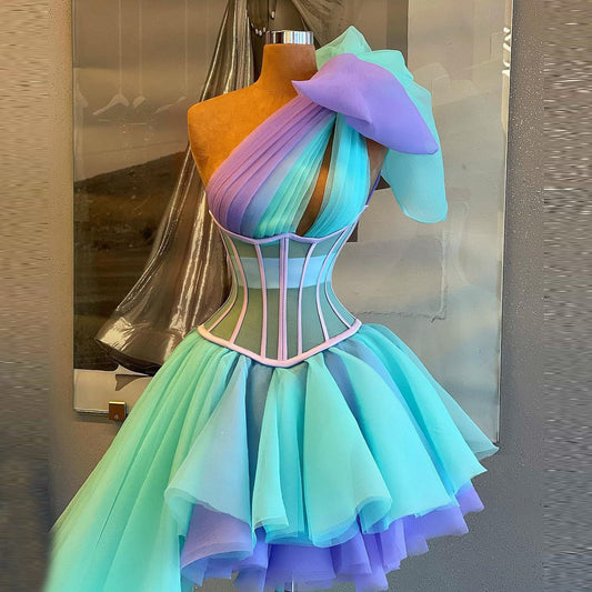 Colorful Short Prom Dresses With Side Train One Shoulder