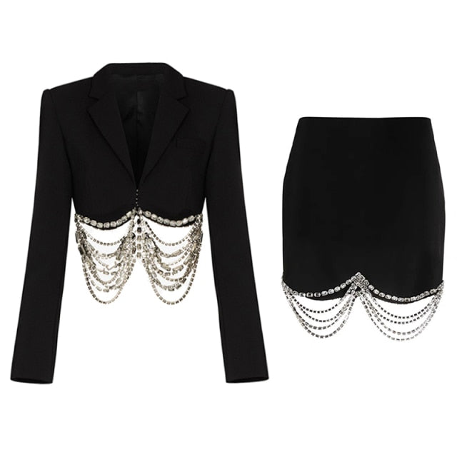 Two Piece Set Women Notched  Short Blazer High Waist Skirt