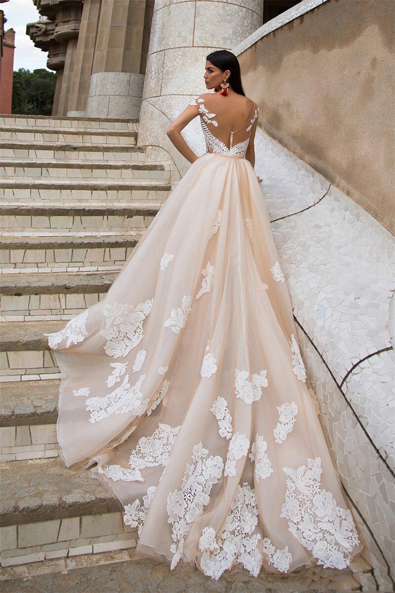 Champagne Tulle Lace Sheath Wedding Dress