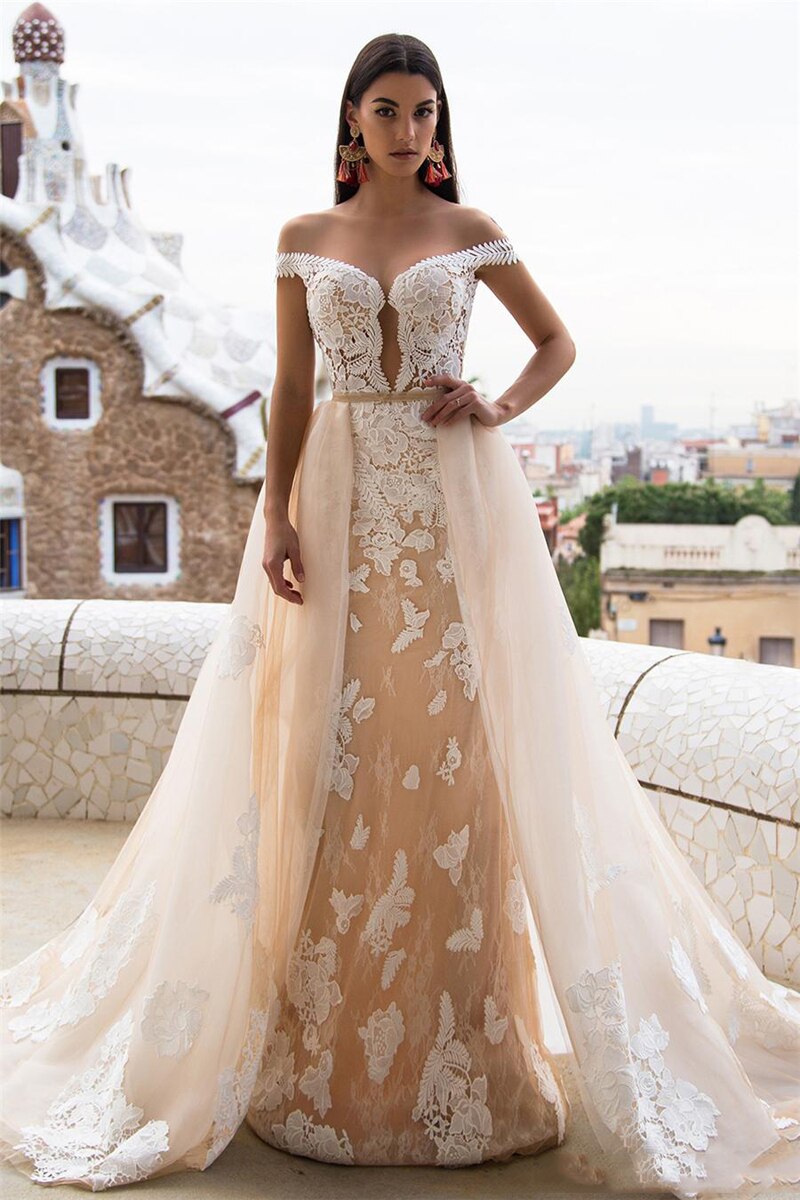 Champagne Tulle Lace Sheath Wedding Dress