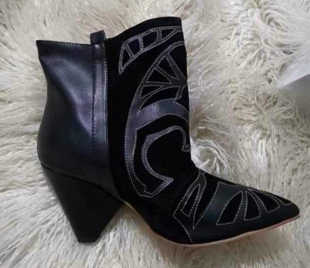 Women Embroidered Ankle Boots Pointed Toe