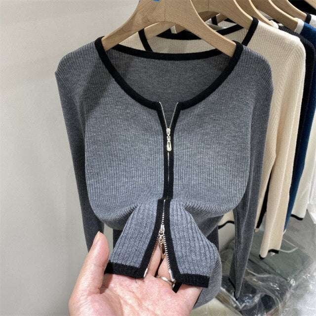 Double Zip Up Knitted Slim Casual Sweater