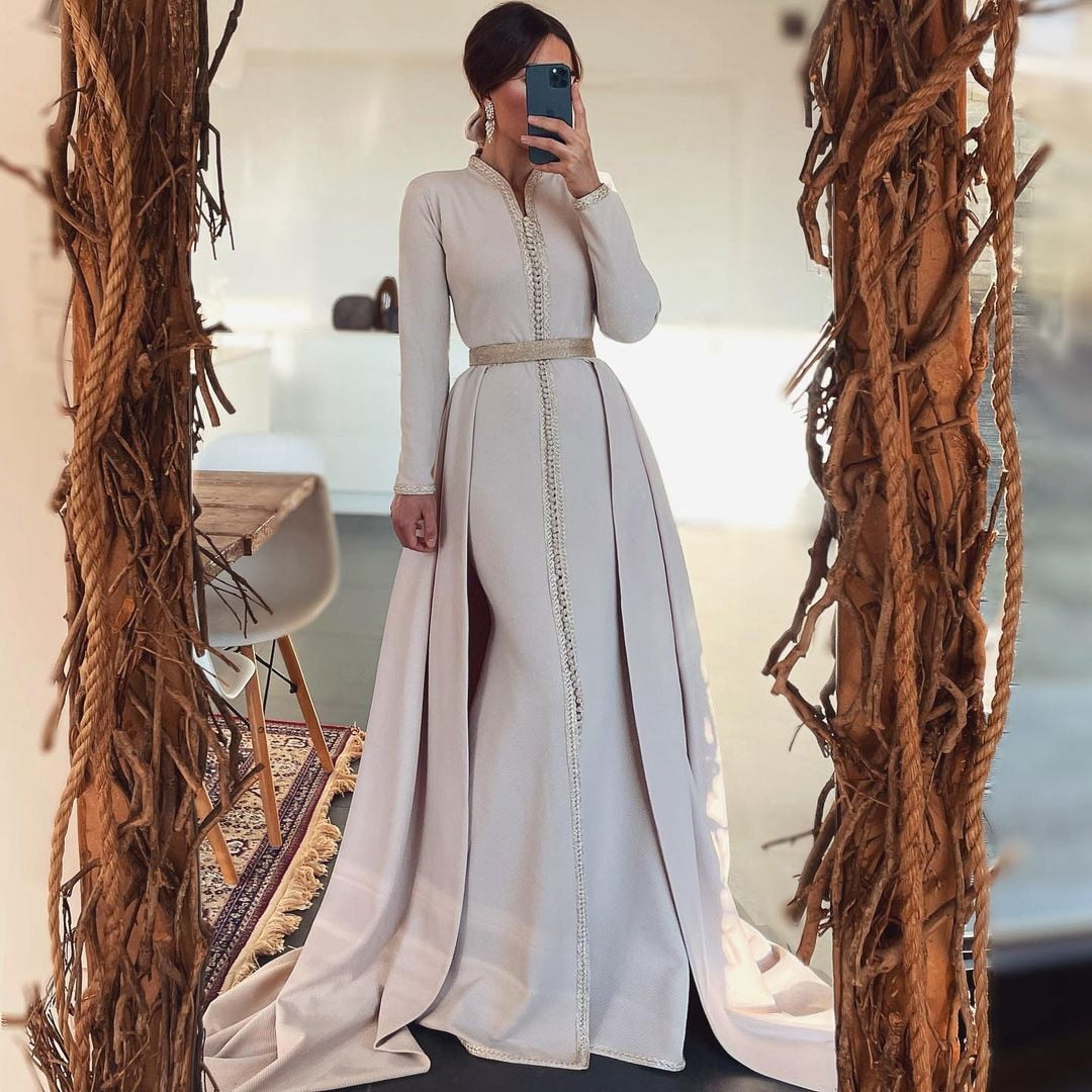 White Floor Length Moroccan Caftan Evening Dress