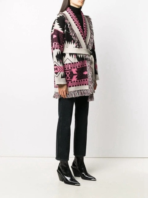 women long sleeve fringe collar cardigan coat