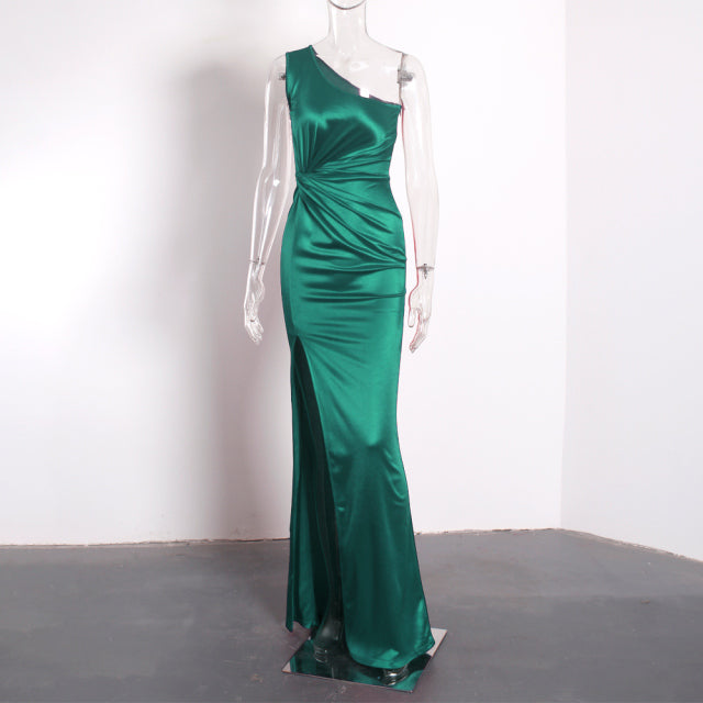 Elegant One Shoulder Evening Dresses Ladies Stretchy Satin Ruched Split