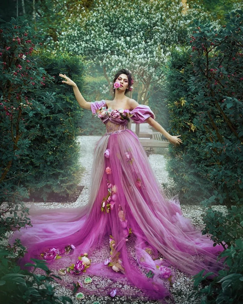 Light Pink Off Shoulder Photo Shoot Evening Dress 3D Flowers