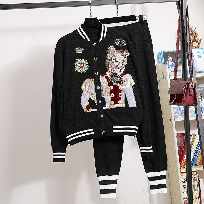 Embroidery Beaded Leisure Sports Hoodie Coat +Casual Pants Two Piece Sets Women's Clothing Comfortable Activitywear knited Suit