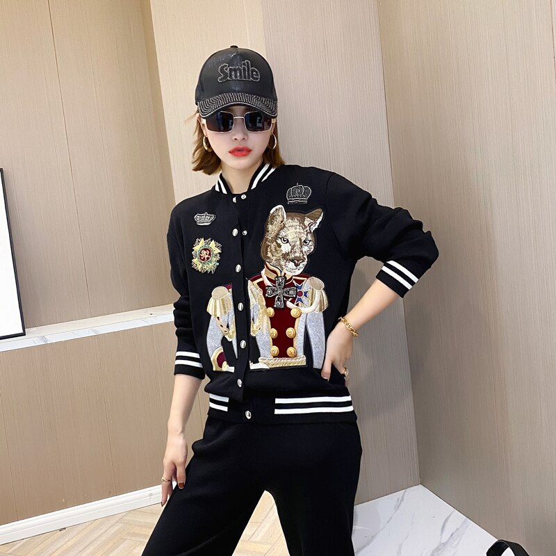 Embroidery Beaded Leisure Sports Hoodie Coat +Casual Pants Two Piece Sets Women's Clothing Comfortable Activitywear knited Suit