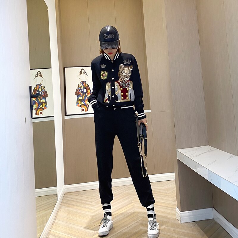 Embroidery Beaded Leisure Sports Hoodie Coat +Casual Pants Two Piece Sets Women's Clothing Comfortable Activitywear knited Suit