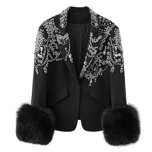 Women Black Patchwork Diamonds Hairy Blazer Jacket