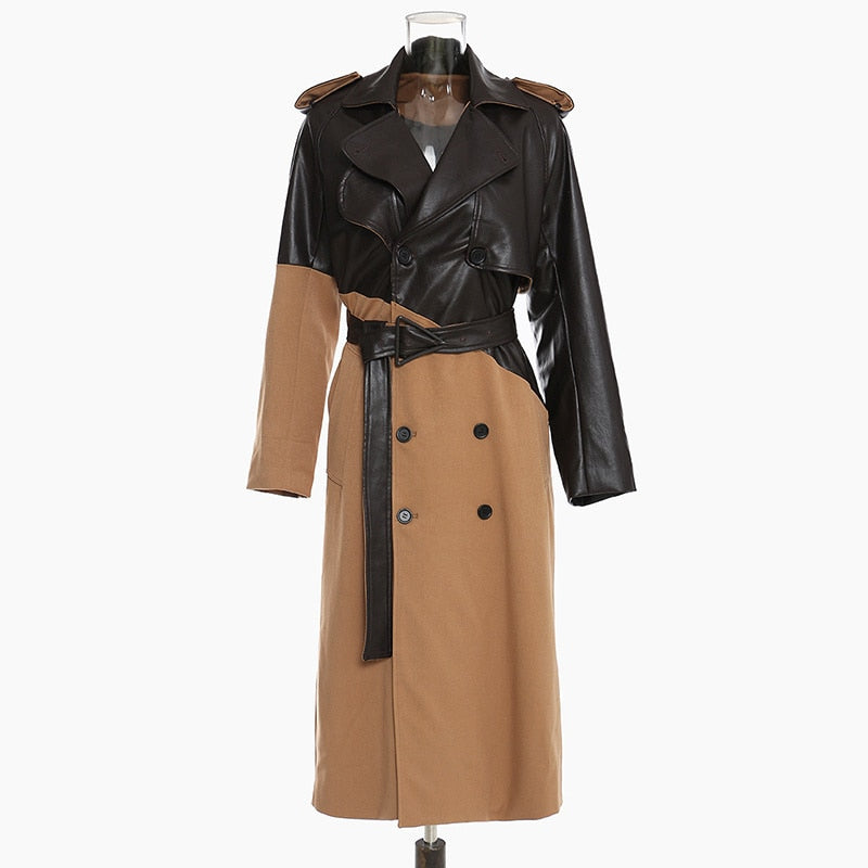 Women Khaki Pu Leather Long Trench