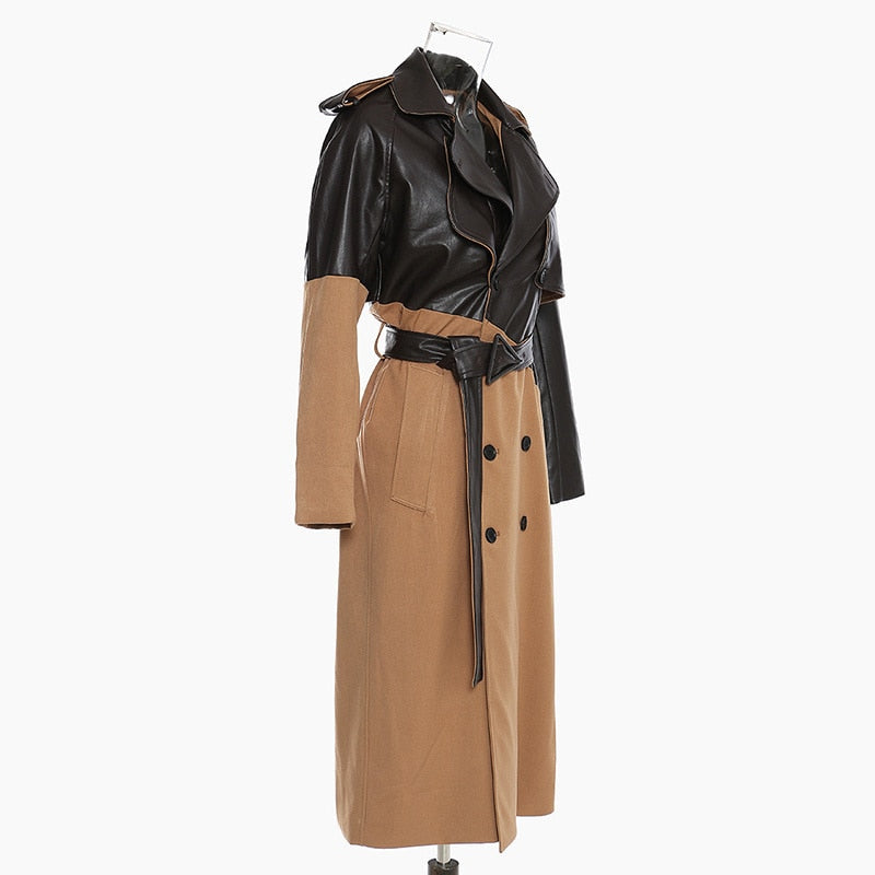 Women Khaki Pu Leather Long Trench