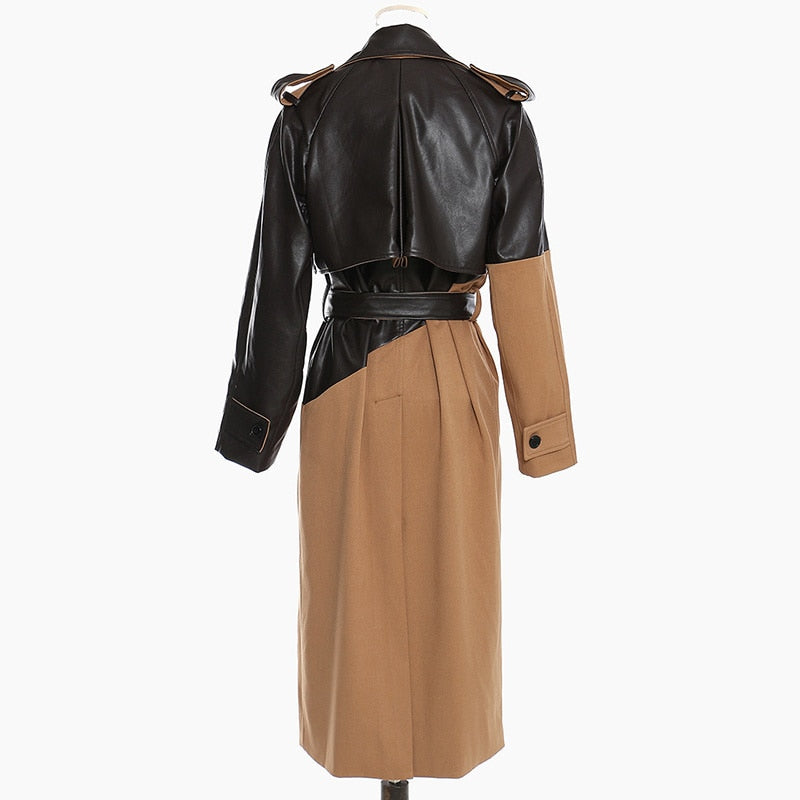 Women Khaki Pu Leather Long Trench