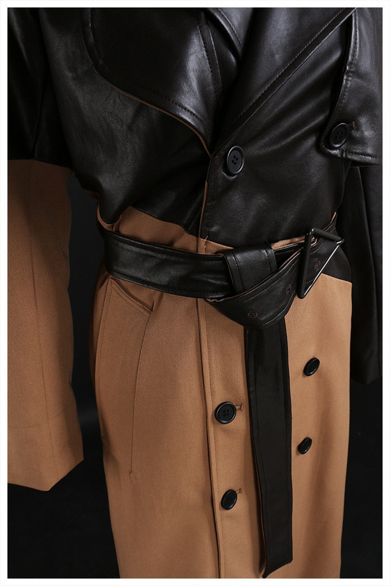 Women Khaki Pu Leather Long Trench