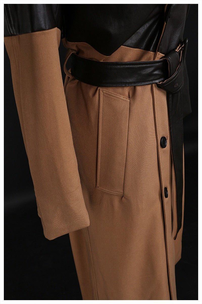 Women Khaki Pu Leather Long Trench