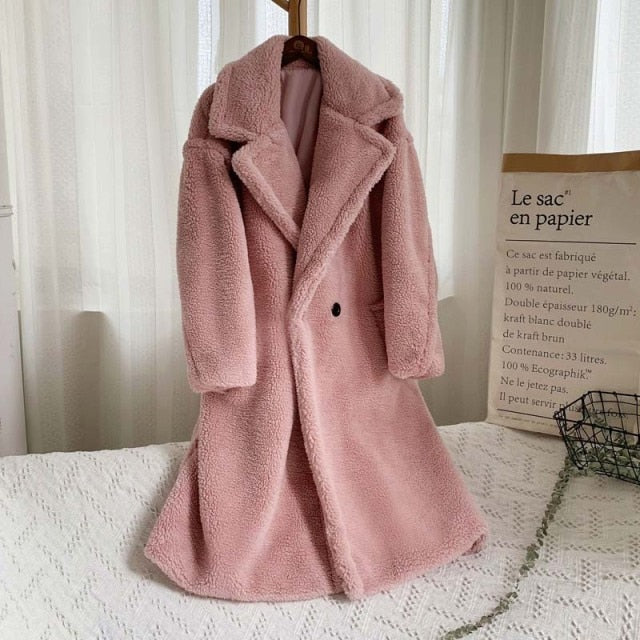 Pink Long Teddy Bear Jacket Coat Women Winter Thick Warm