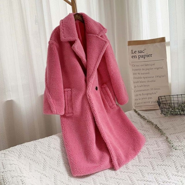 Pink Long Teddy Bear Jacket Coat Women Winter Thick Warm