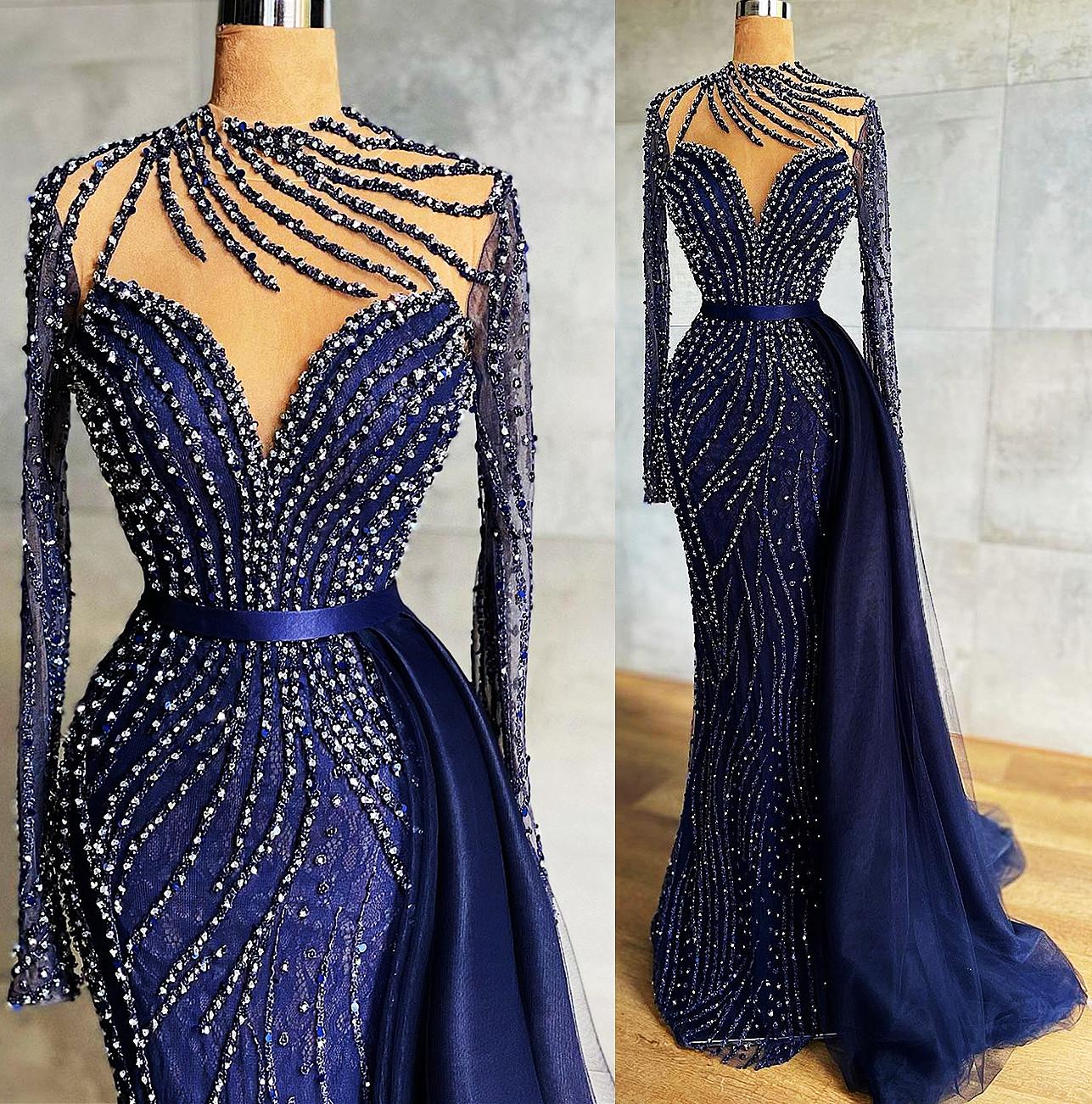 Luxury Beaded Navy Blue Mermaid Prom Dresses