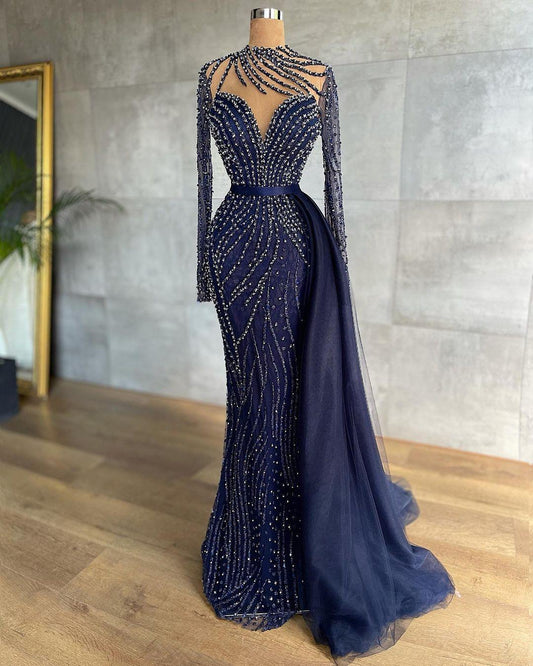 Luxury Beaded Navy Blue Mermaid Prom Dresses