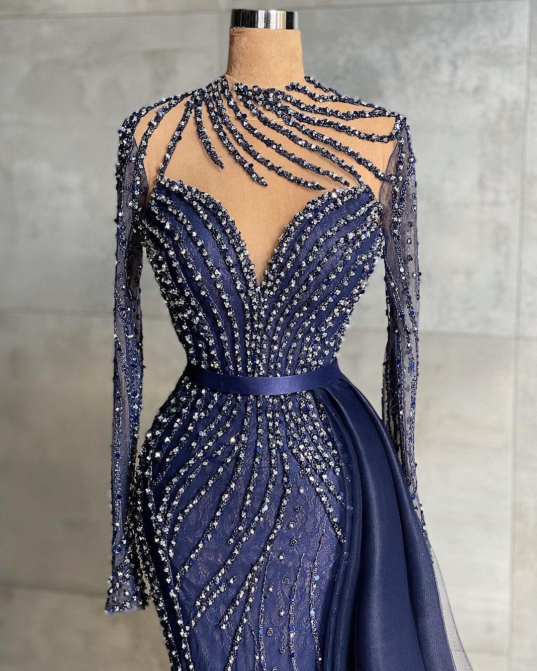 Luxury Beaded Navy Blue Mermaid Prom Dresses