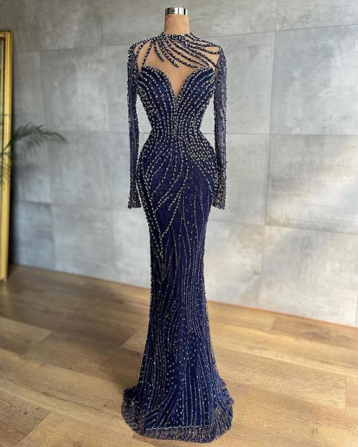 Luxury Beaded Navy Blue Mermaid Prom Dresses