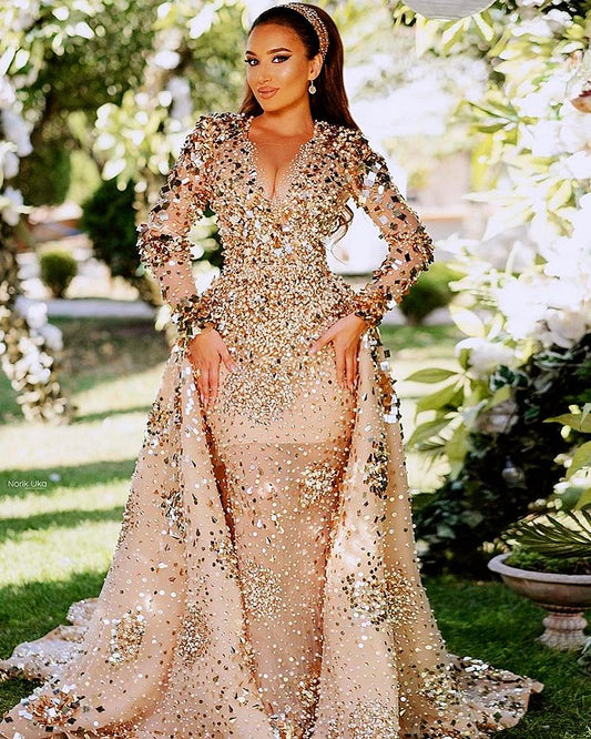 Gold Sparkly Luxurious Prom Dresses Beaded Crystals