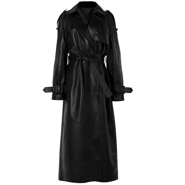 Women Crocodile Pattern Long Leather Coat