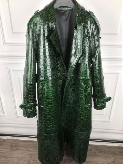 Women Crocodile Pattern Long Leather Coat