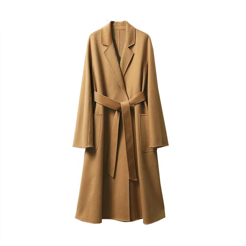 Women Belts Two Pockets Long Coat