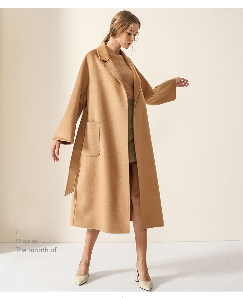 Women Belts Two Pockets Long Coat