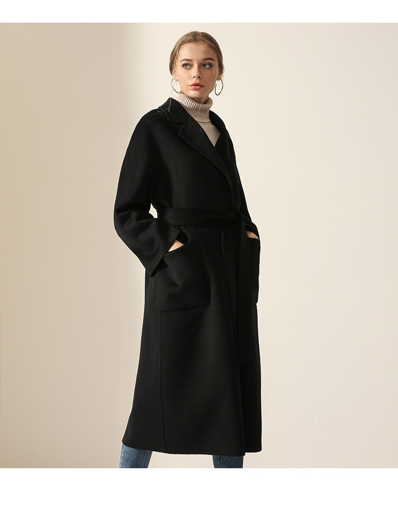 Women Belts Two Pockets Long Coat