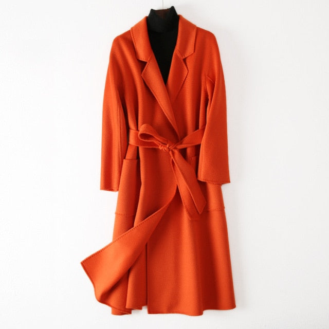 Women Belts Two Pockets Long Coat