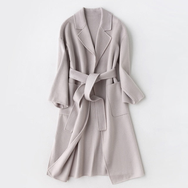 Women Belts Two Pockets Long Coat