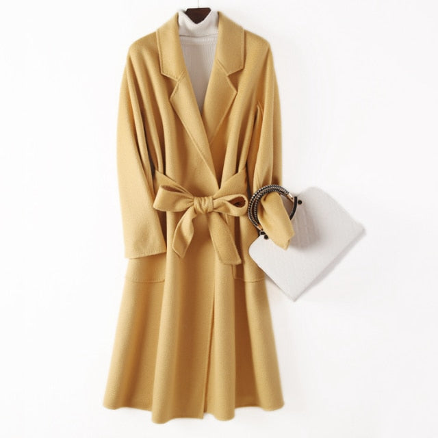 Women Belts Two Pockets Long Coat