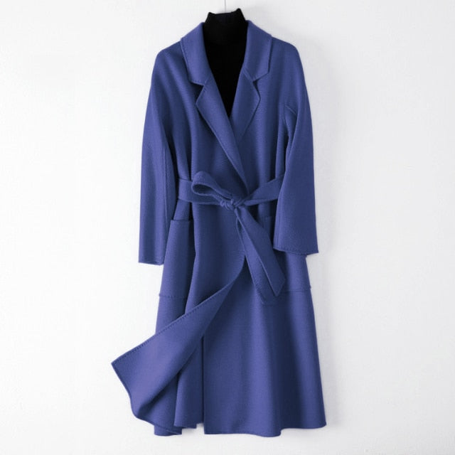 Women Belts Two Pockets Long Coat