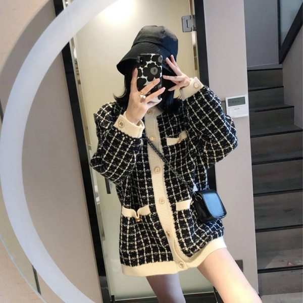 Sweater Coat Retro Shirt Plaid Loose Knit Ladies