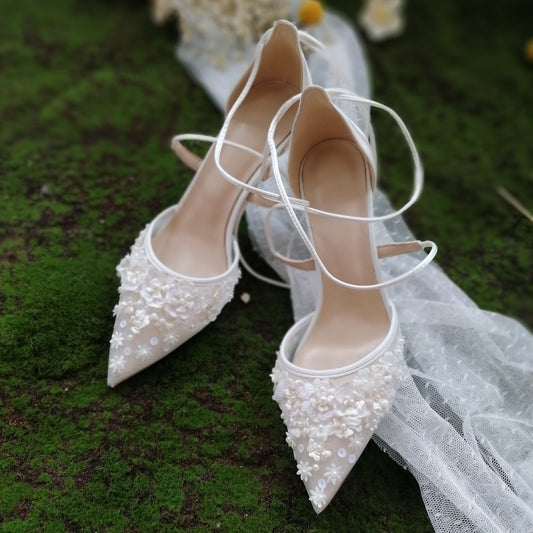 Bride Shoes French Embroidery High Heels Wedding Shoes