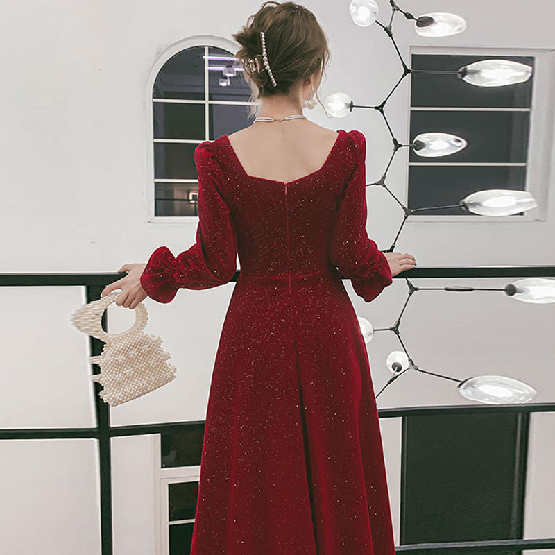 Wine Red Long Sleeve Slim Women Sexy Party Dress