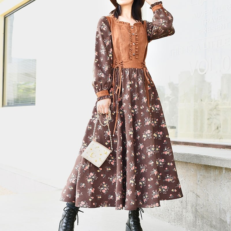 Long Mid-Calf Full Lantern Sleeve Dress