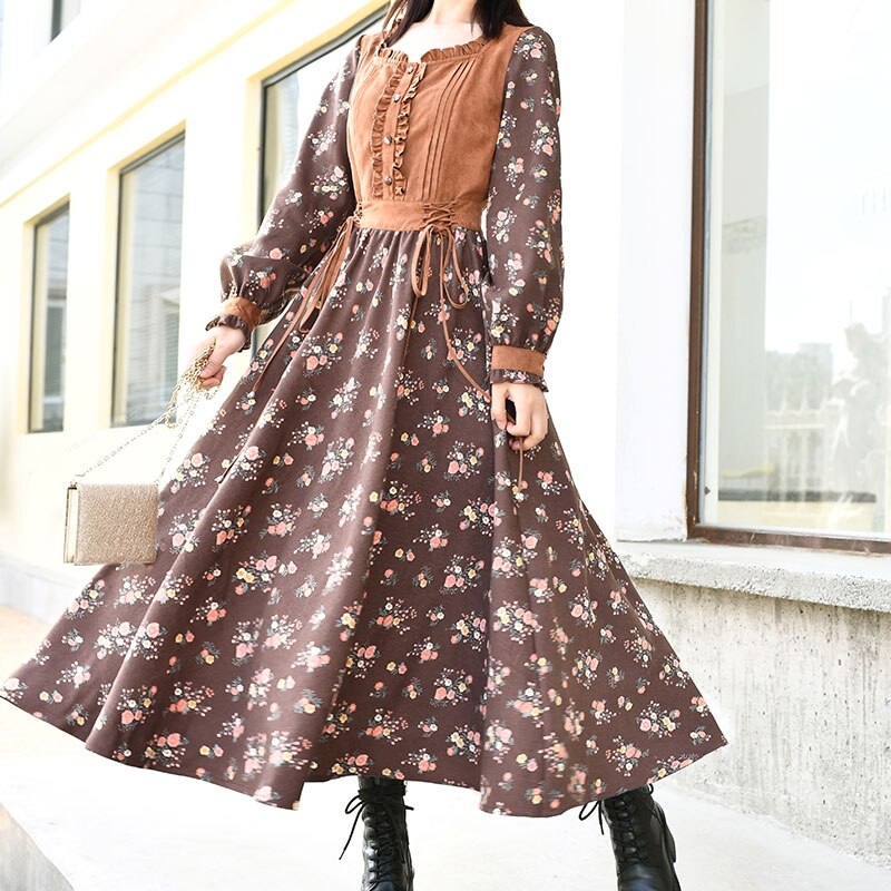 Long Mid-Calf Full Lantern Sleeve Dress